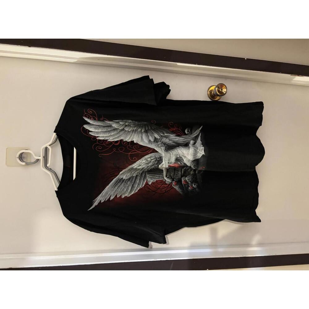 Spiral Black Graphic Angel Wings T-Shirt XXL